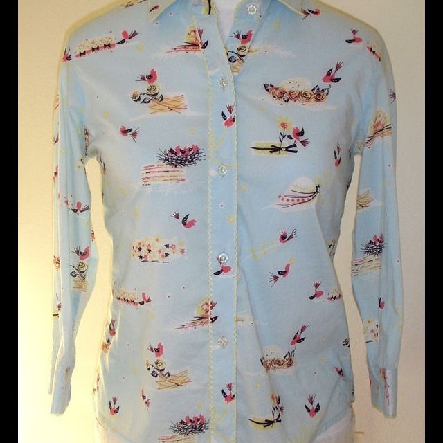 Anthropologie Odille blue Sparrow Bird Print Shirt Blouse Top Button