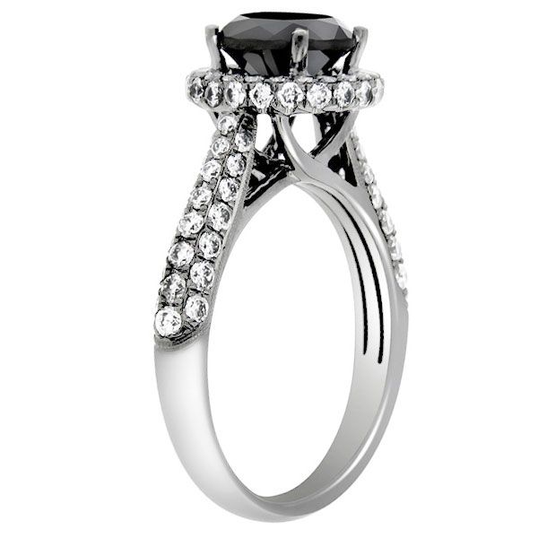  18k White Gold Round Cut AAA Black Diamond MICRO PAVE Engagement Ring