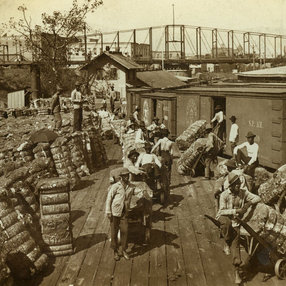  Stereoview   Black Americana, Shipping Cotton from Levee by Railroad