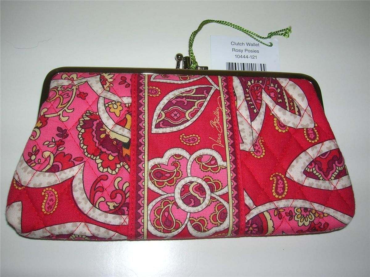 VERA BRADLEY CLUTCH WALLET ROSY POSIES QUILTED COTTON FRAMED KISS LOCK