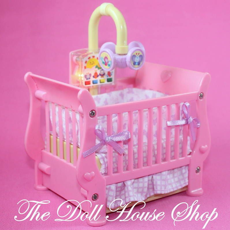   Loving Family Dollhouse Pink Baby Doll Crib Cradle Musical Nursery