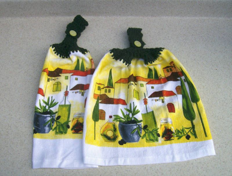 Kitchen Dish Towels W/ Crochet Tops   Italy Olives Oil