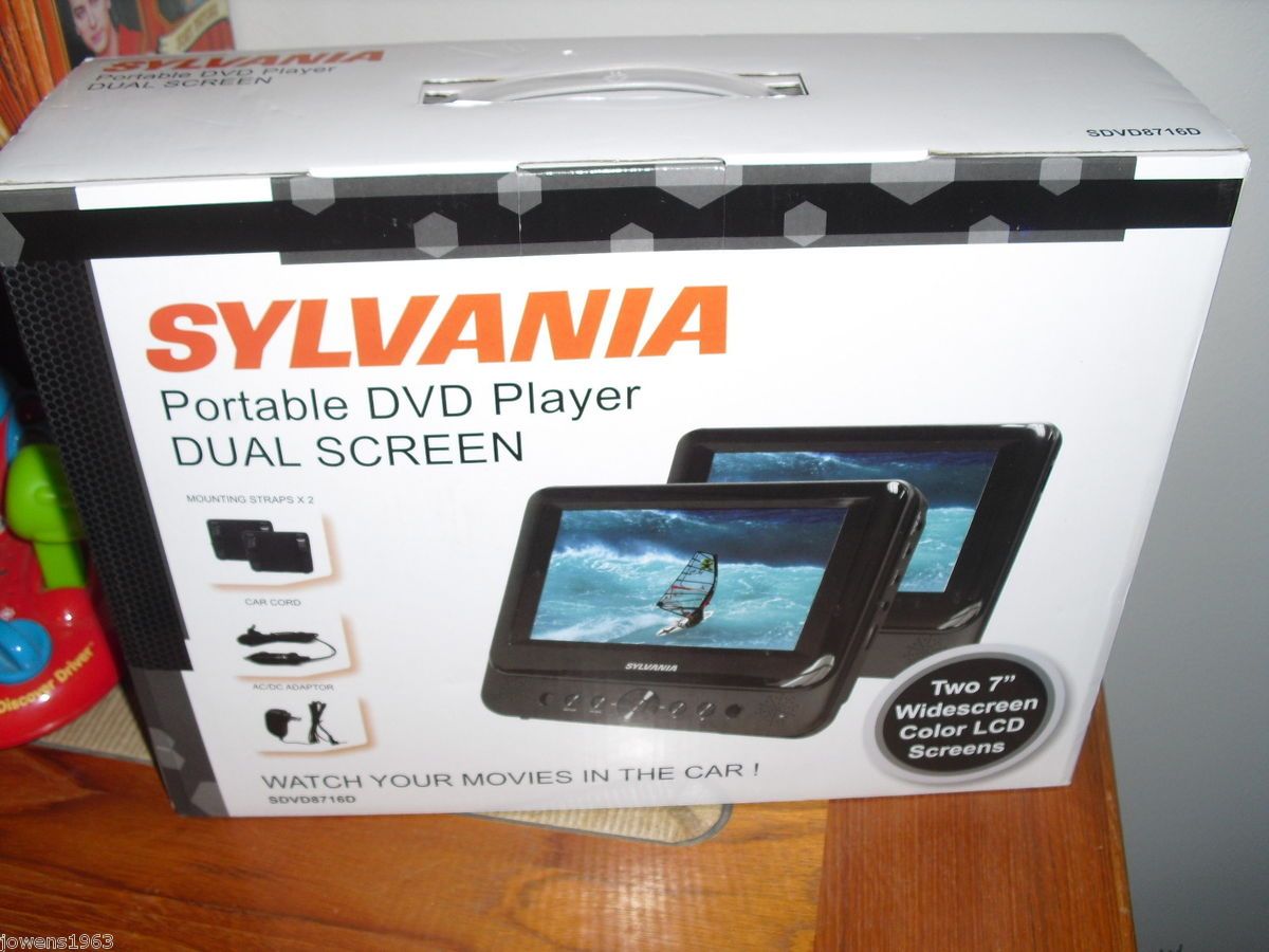 NEW SYLVANIA PORTABLE 7 DUAL SCREEN DVD PLAYER AV POWER CABLE & AC/DC