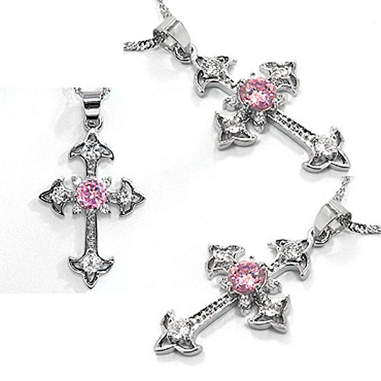 Fashion Jewelry Gift Cross Cut Pink Sapphire White Gold GP Pendant