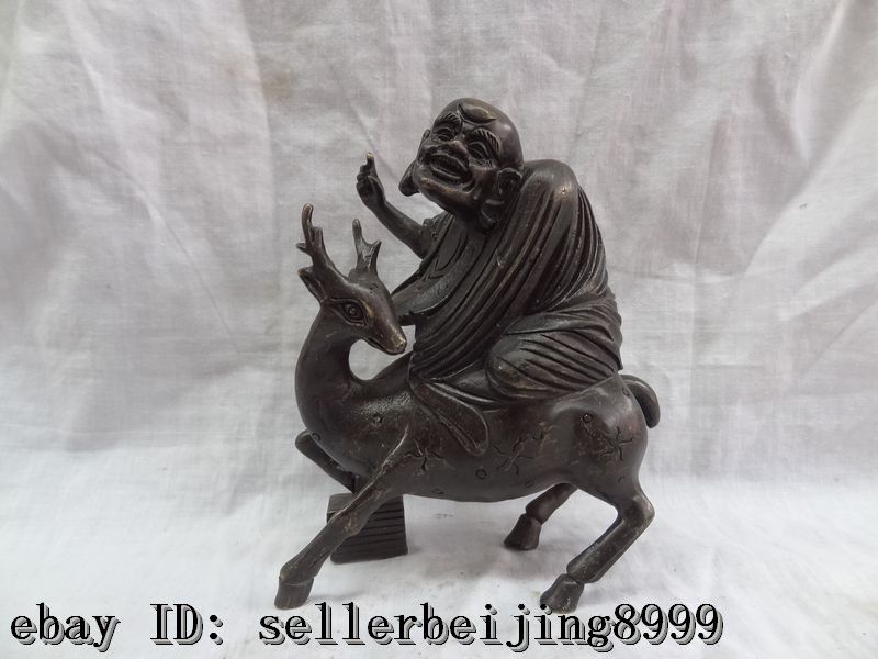  Bronze Sculpture Buddhism Arhat Damo Buddha Ride Deer Statue