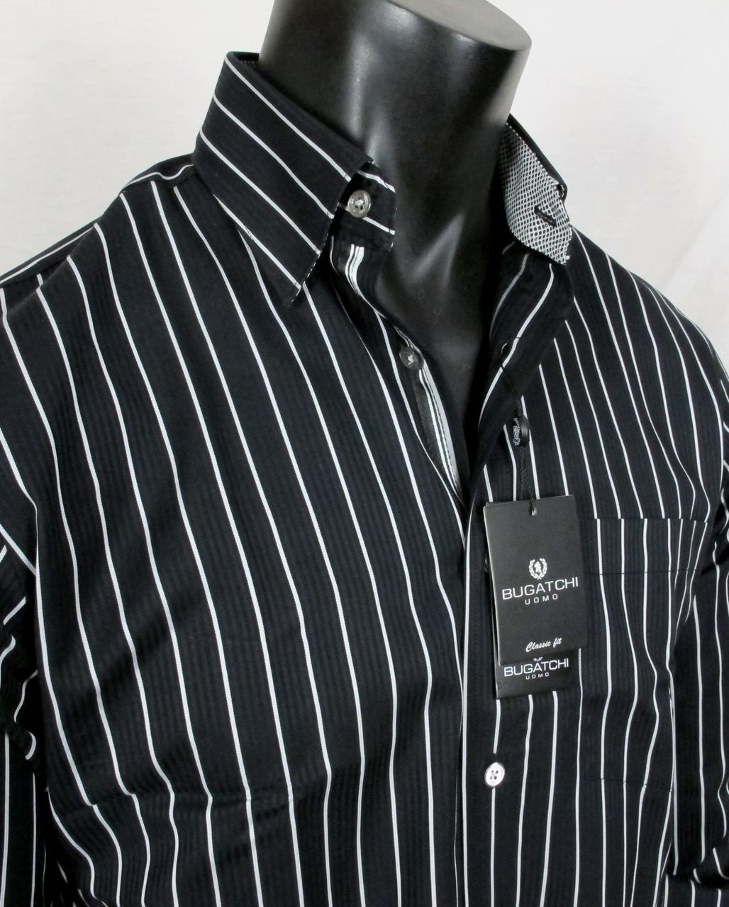 NWT Mens Bugatchi Woven Button Up LS3022L35 Black Classic Fit Sport