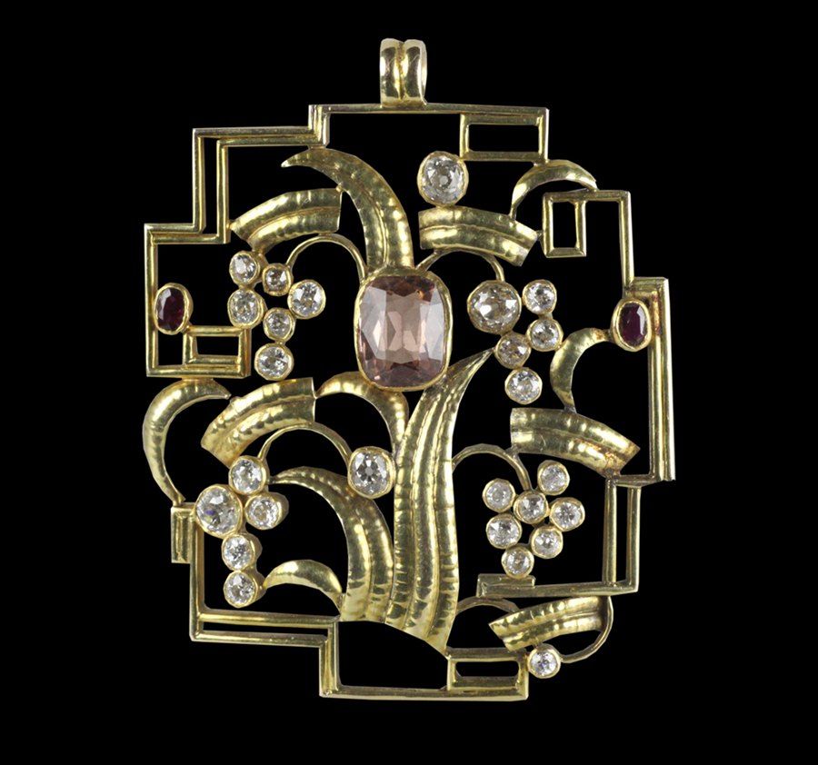 15K Yellow Gold Wiener Werkstatte Dagobert Peche Topaz Diamond Ruby