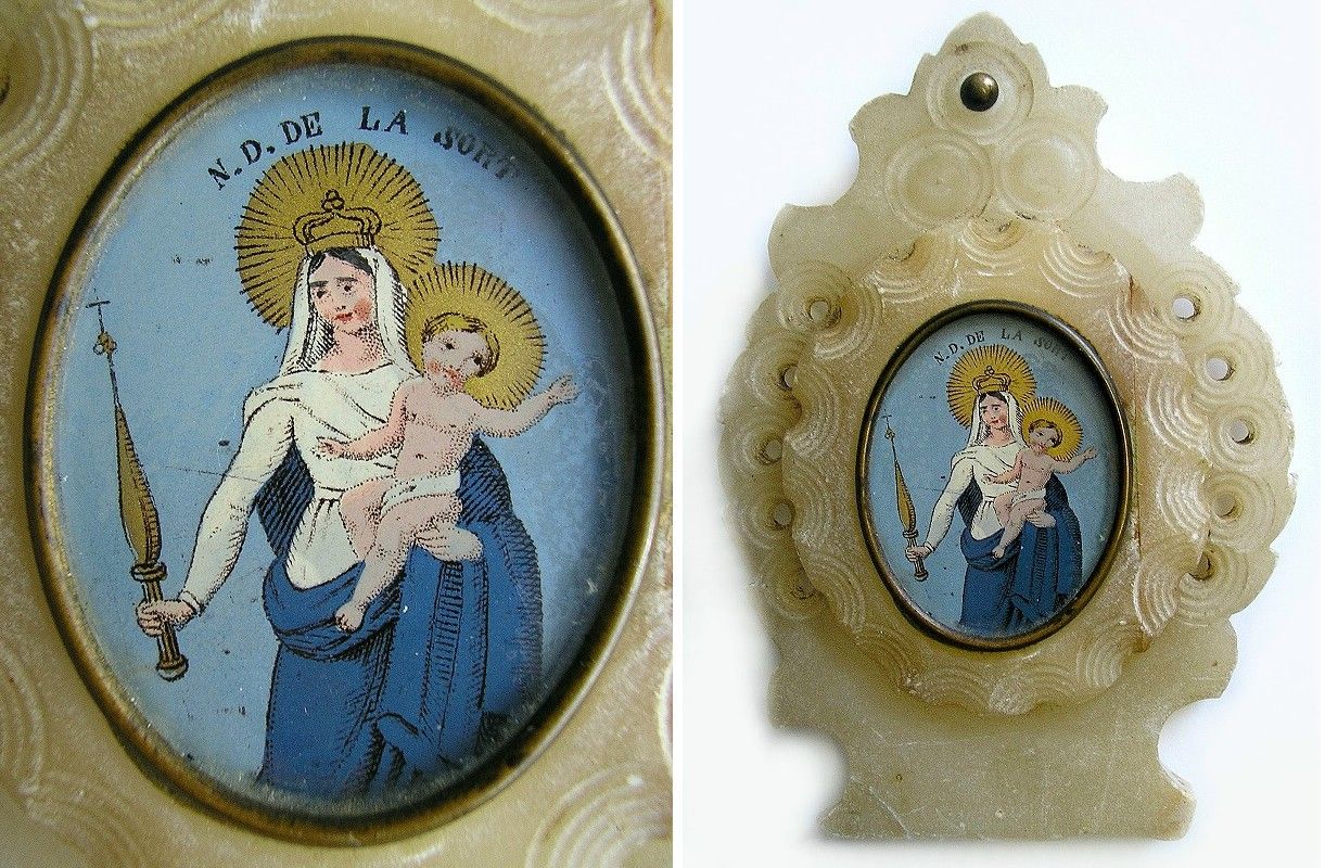 PLAQUE ENAMEL ALABASTER c1850 NOTRE DAME DE LA SORT ENGRAVING