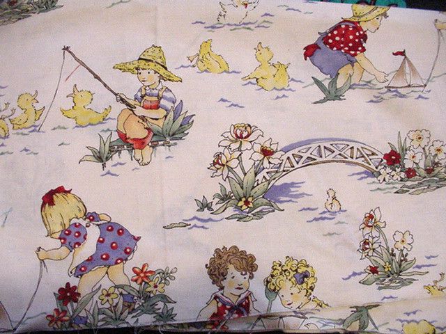 GONE FISHING HENRY DE LEON FABRIC 1994 CHILDREN PLAYING W SAILBOATS