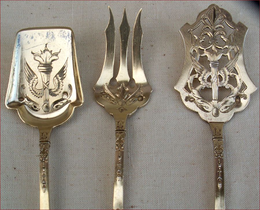 French Gilt Sterling Silver Vermeil Dessert Serving Set 3pcs Winged