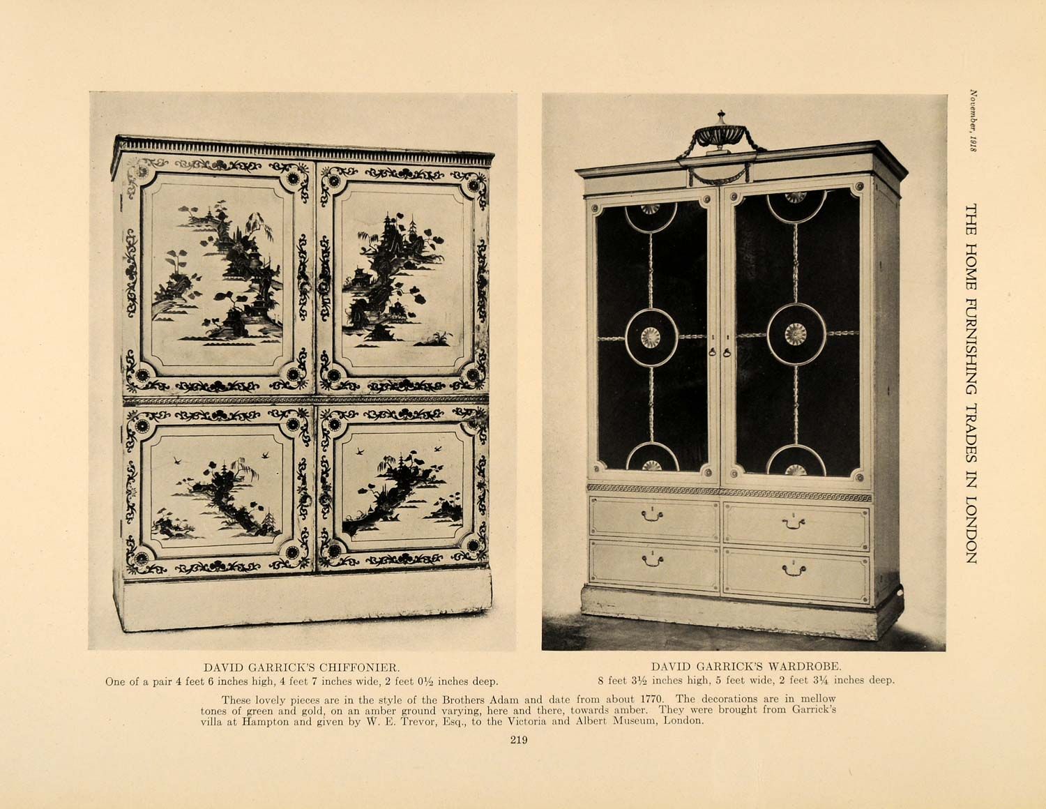 1918 Print David Garrick Chiffonier Wardrobe Hampton Original Historic