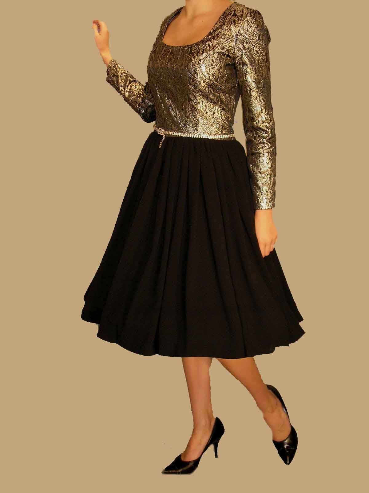  Metallic Paisley Cocktail Party Full Black Skirt Dance Dress