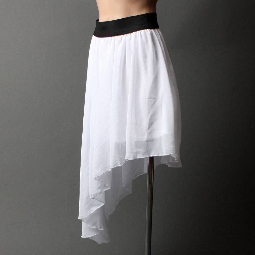White Chiffon Asymmetrical Flowy Dance Banded Skirts L