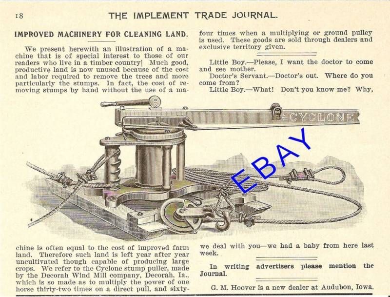 1898 Decorah Windmill Cyclone Stump Puller Article Iowa