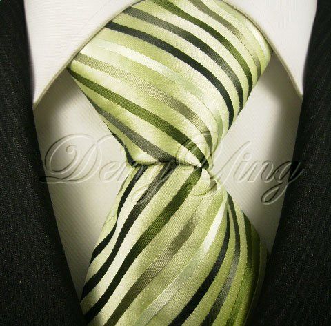 DENG YING Brand New Striped Green Jacquard Woven Mens 100% Silk Ties