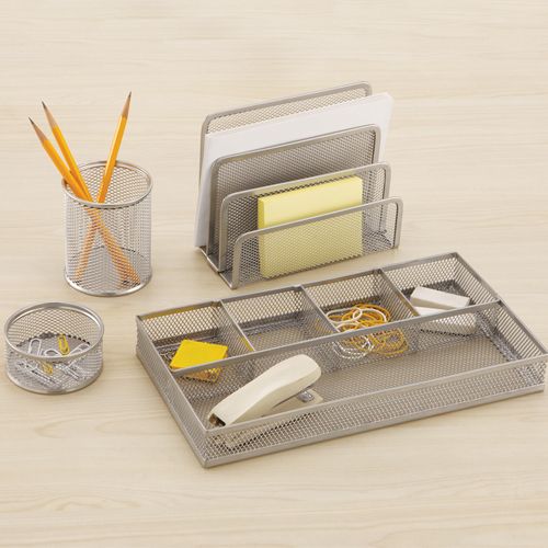 Organize your desktop with the 4 piece Mesh Office set. Includes 1