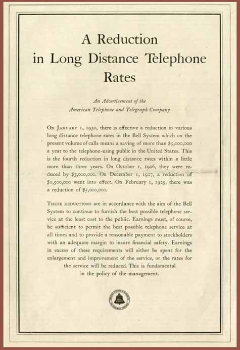 1930 at T Ad Listing Reduction in Long Distance Rates