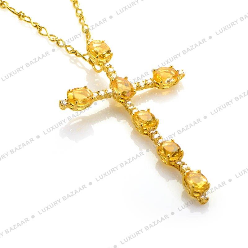  18K Yellow Gold Diamond and Citrine Crucifix Pendant Necklace