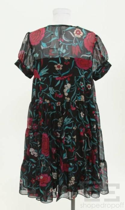 Diane Von Furstenberg Black, Teal & Red Floral Silk Chiffon Dress Size