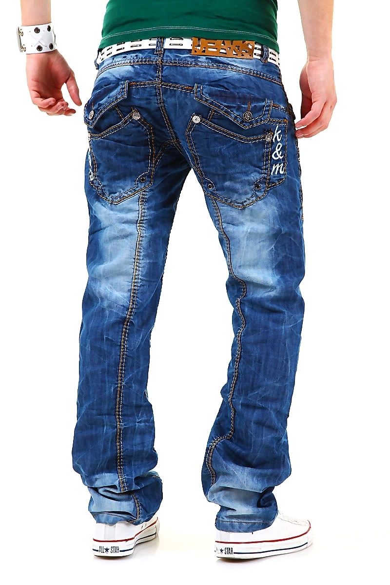 Kosmo Lupo Designer Jeans Dicke Nähte Herren Cargo Hose Blau Clubwear