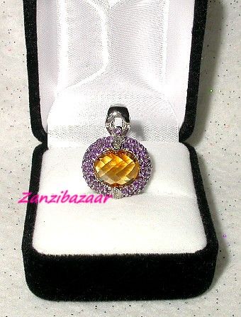 FANCY 14K WHITE GOLD CITRINE, ENCRUSTED AMETHYST & DIAMOND PENDANT