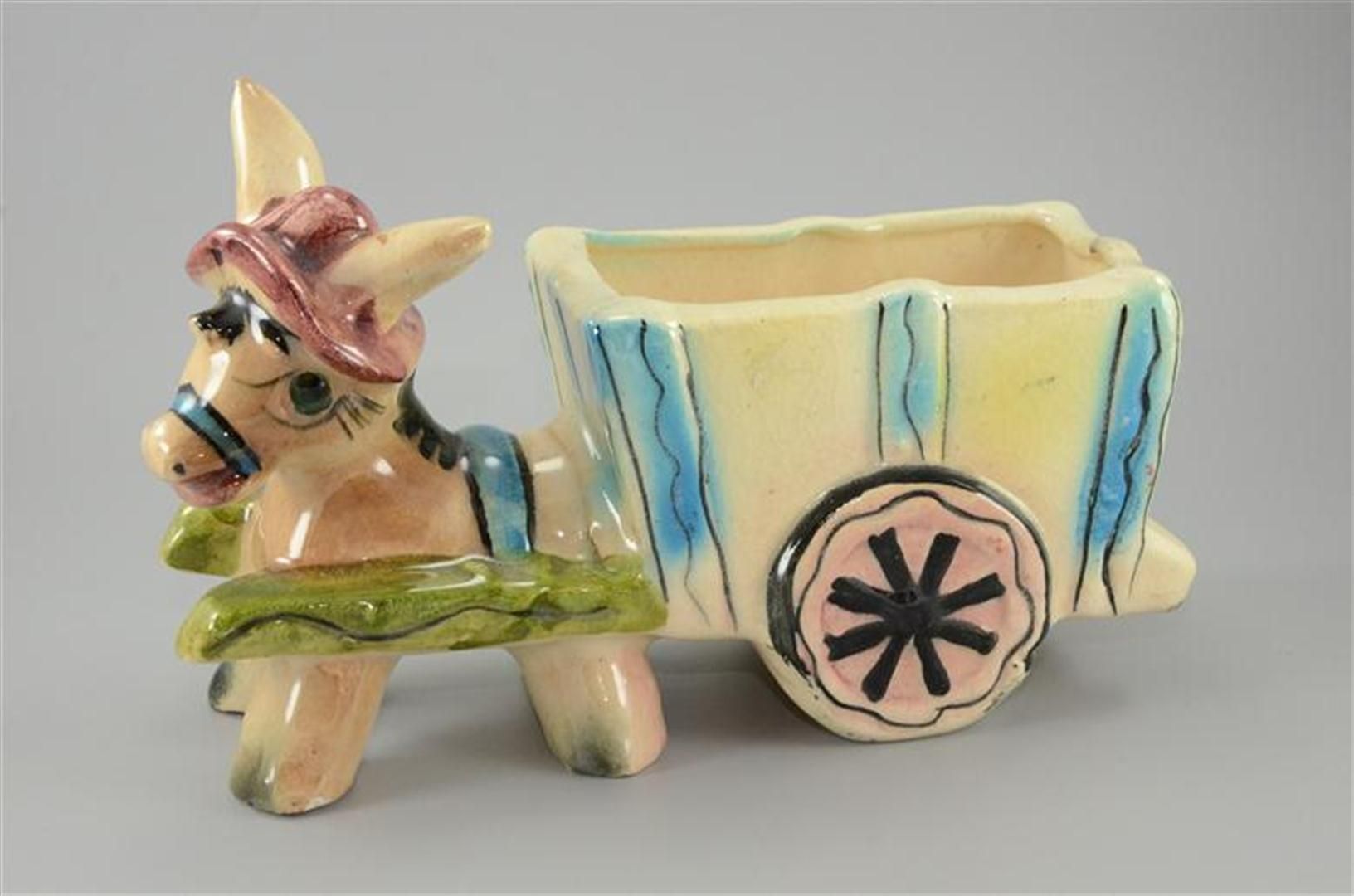 Ceramic Donkey Planter Vintage Statue Figurine Mule Cart Wagon