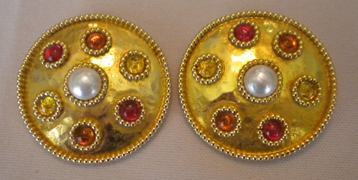 Vintage Dominique Aurientis Paris Gold Tone w Stones Clip Earrings