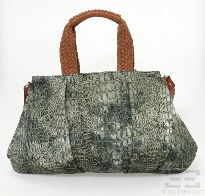 Donald J Pliner Green Alligator Jacquard & Tan Leather Handbag