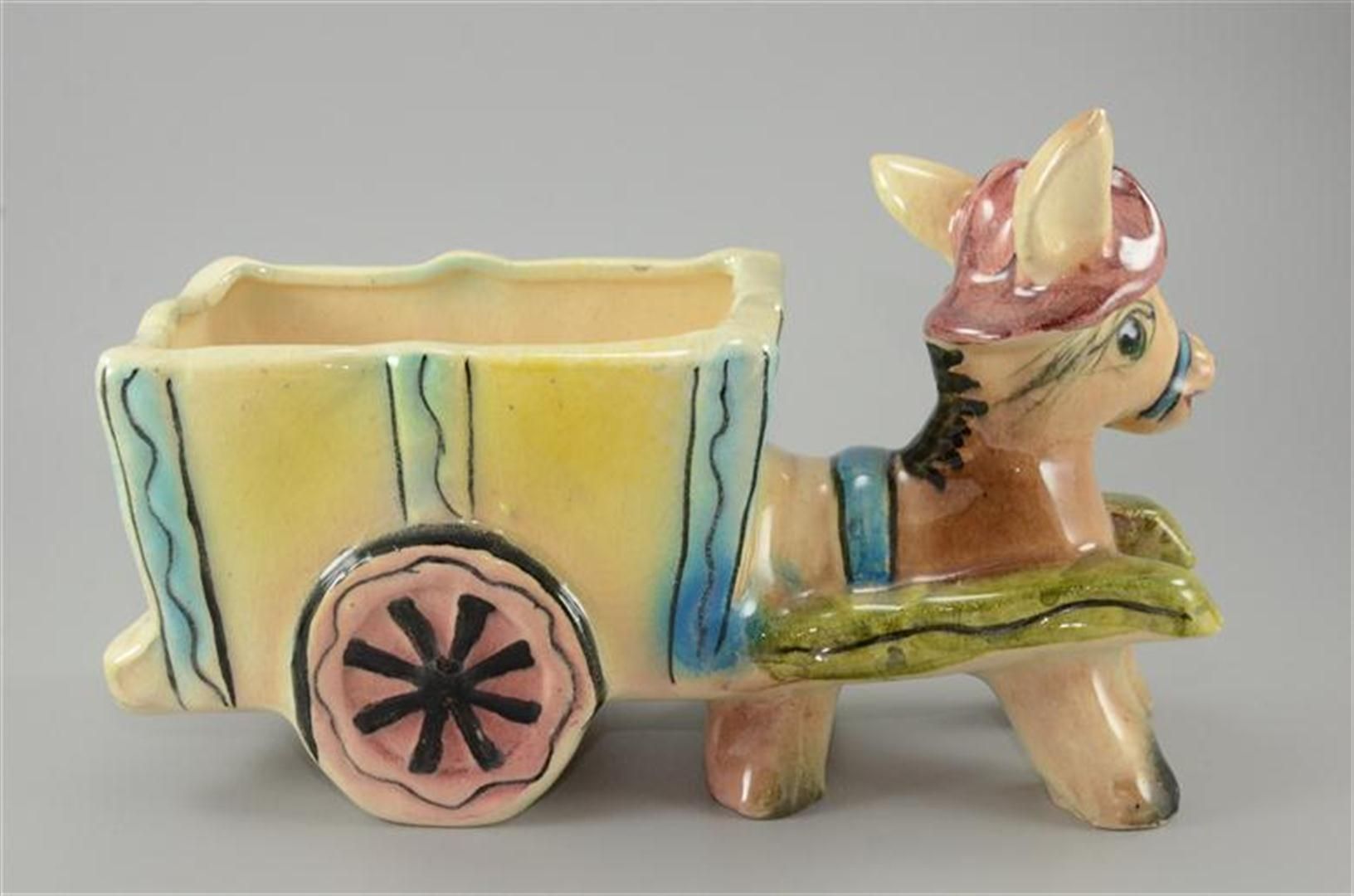 Ceramic Donkey Planter Vintage Statue Figurine Mule Cart Wagon