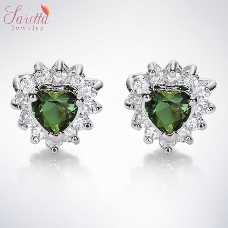  JEWELRY LADY HEART CUT GREEN EMERALD WHITE GOLD GP STUD EARRINGS NEW