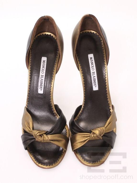 Manolo Blahnik Bronze Black Leather DOrsay Open Toe Heels Size 38 in