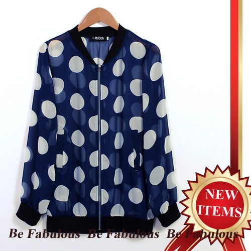  Chiffon Patchwork Oversize Polka Dot Pattern Zipper Front Jacket