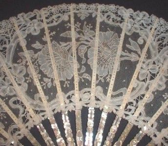 Superb Antique Brussels Lace Point de Gaze Fan Eventail