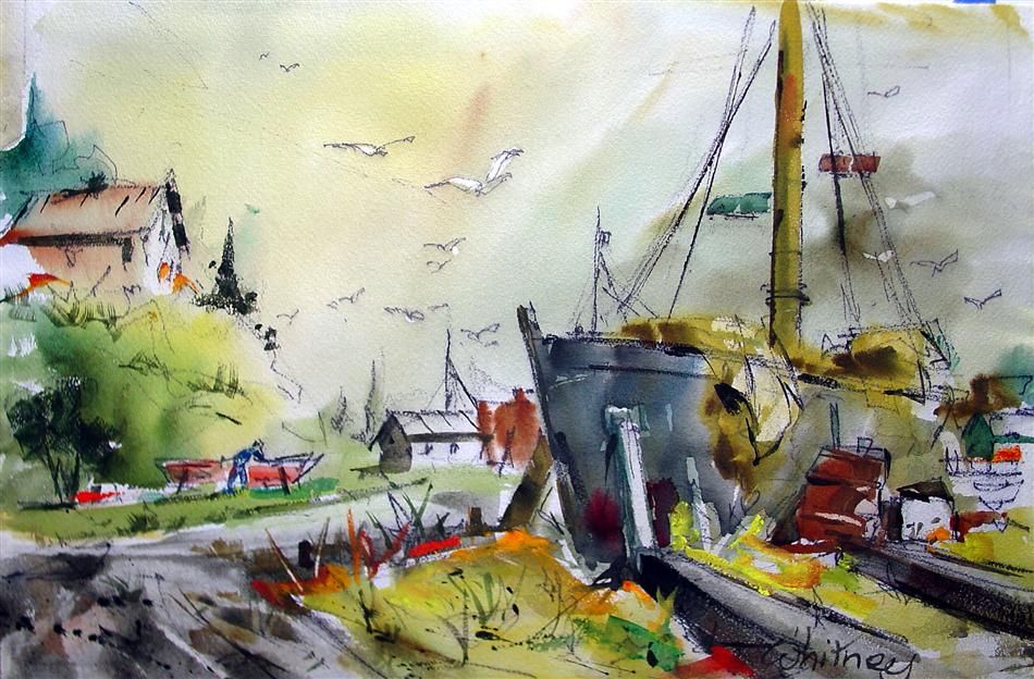 Original Watercolor by Edgar Whitney at Winter Drydock