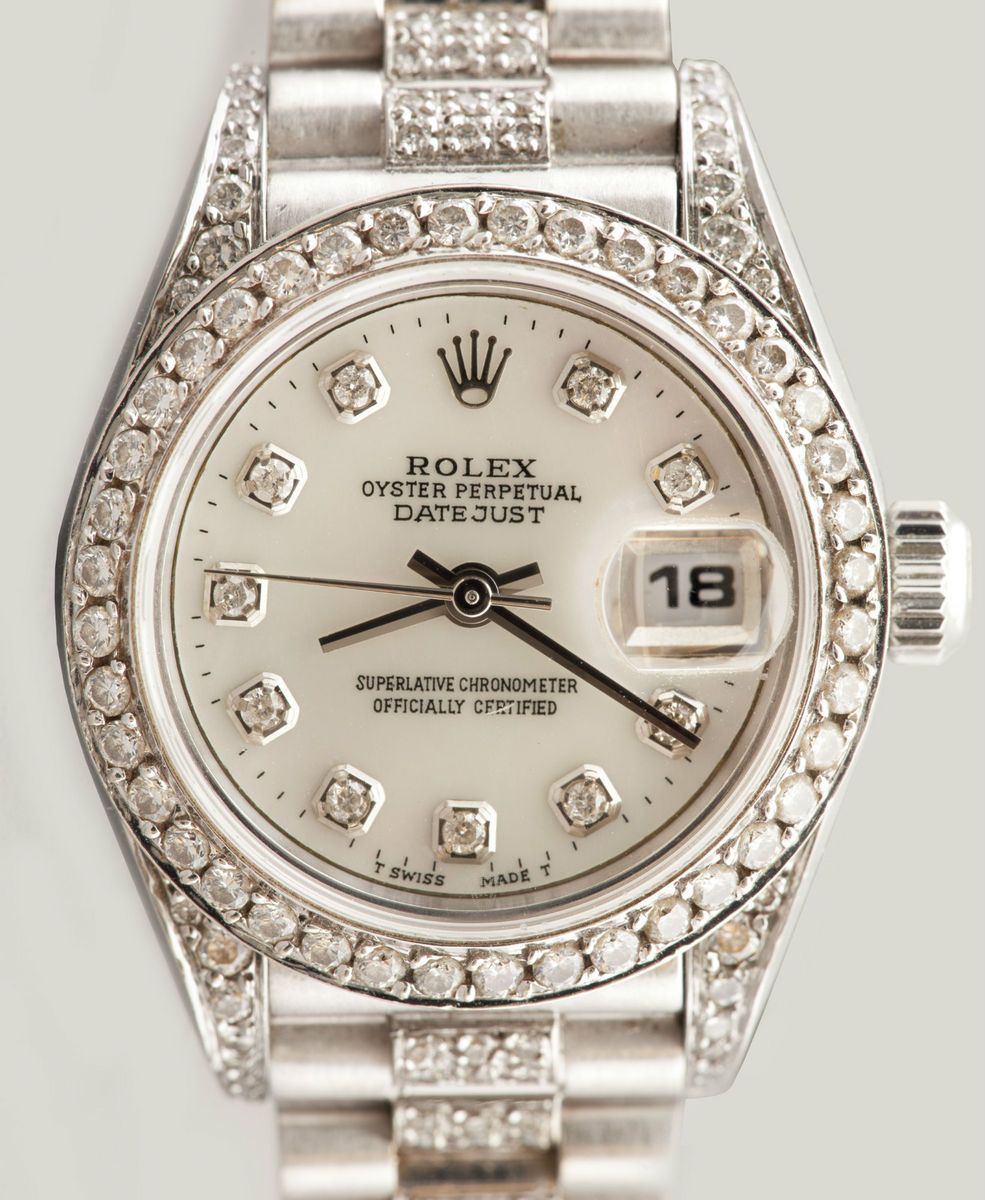 Ladies White Gold Rolex Oyster Perpetual Watch with Pink Roman Dial