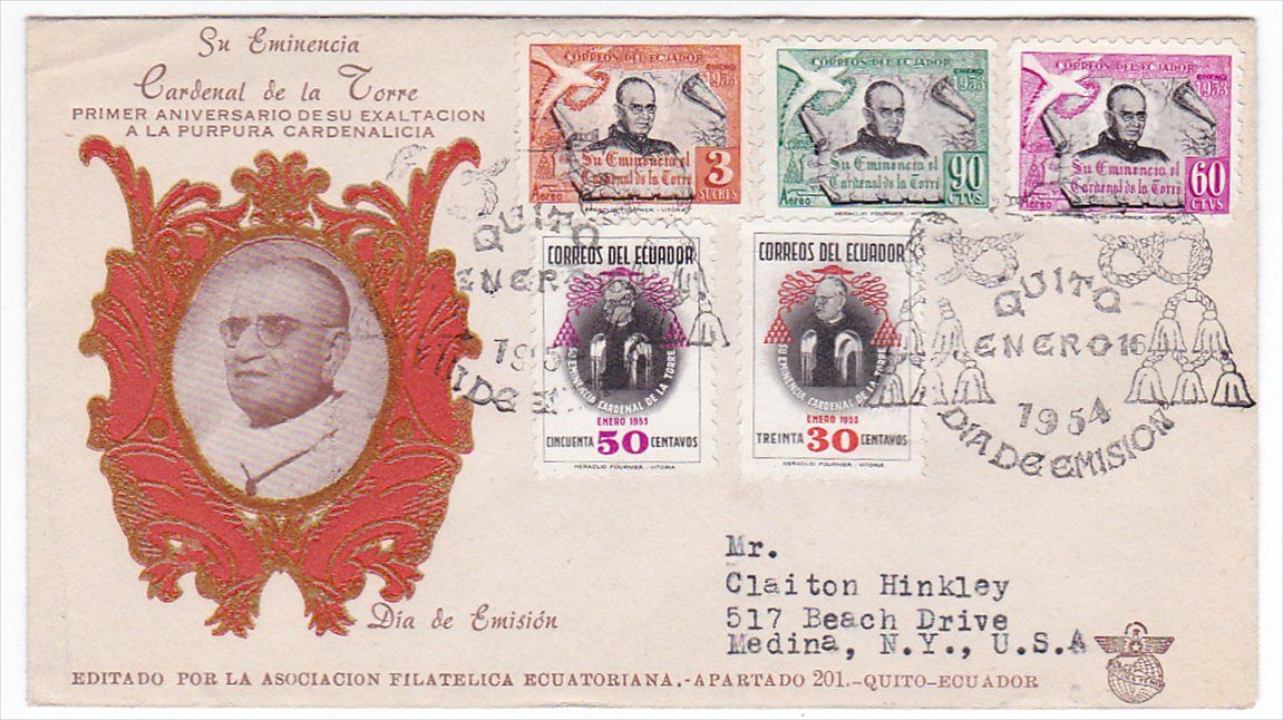 Ecuador Archbishop de La Torre to Cardinal 1954 FDC SC 582 3 C253 55