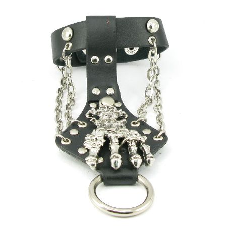 H566 Skeleton Hand Skull Punk Rock Black Leather Men Women Slave