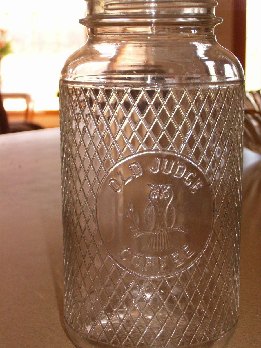 Vintage OLD JUDGE Glass Coffee Jar With Zinc Lid 