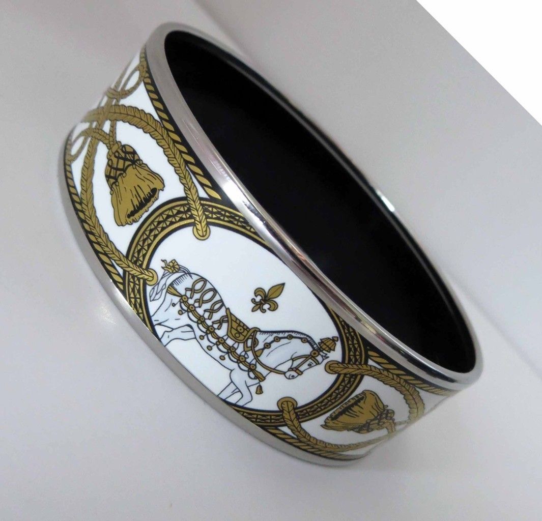 NEW Gorgeous Hermes Enamel Silver Bangle Bracelet GM Wide HORSE White