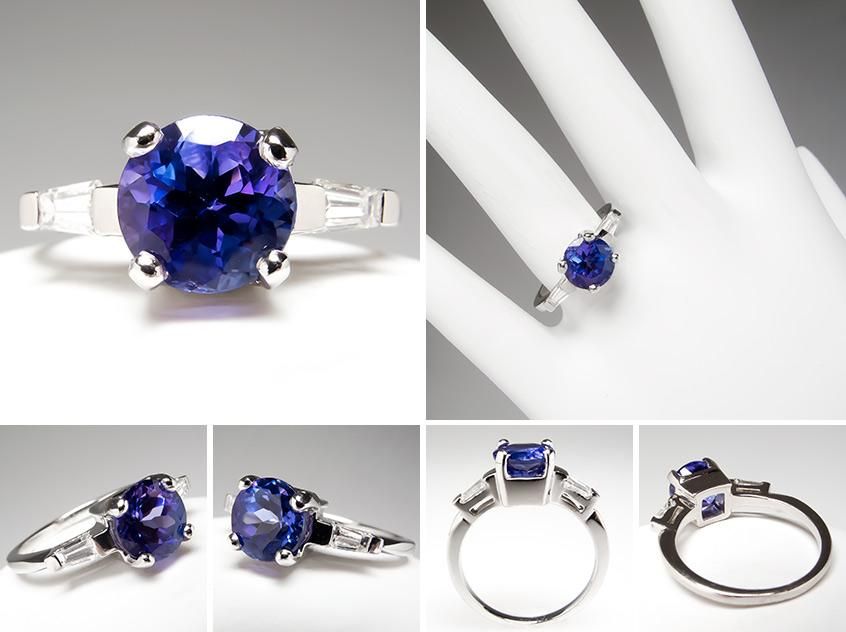 Genuine Tanzanite Engagement Ring w/ Baguette Diamond Accents Solid