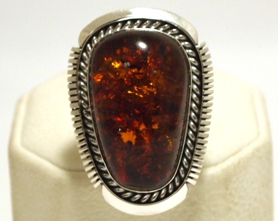 Navajo Orange Flecked Amber Sterling Silver Womens Ring Eugene Belone