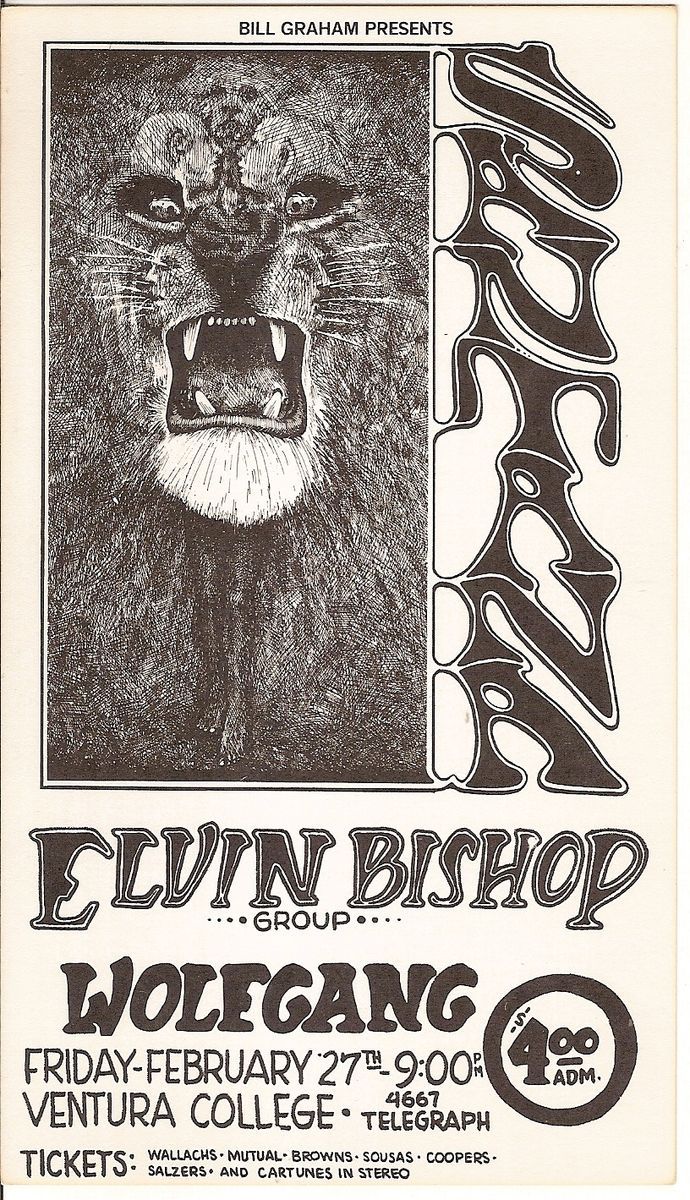 Santana Elvin Bishop Ventura 1969 Fillmore Era Concert Handbill Lee