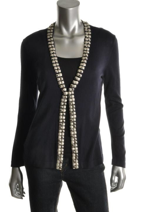  New Metropolitan Navy Embellished Cardigan Sweater Petites PM