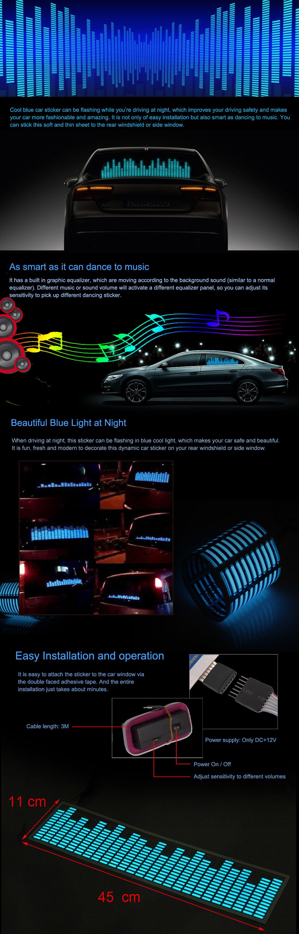  Blue Light Sound Music Activated Car Stickers Equalizer Fashion