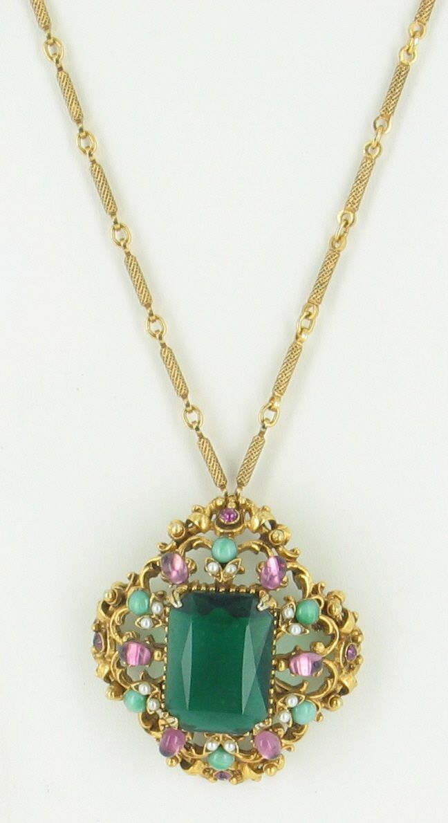 Spectacular Vintage Florenza Faux Emerald Necklace Pin