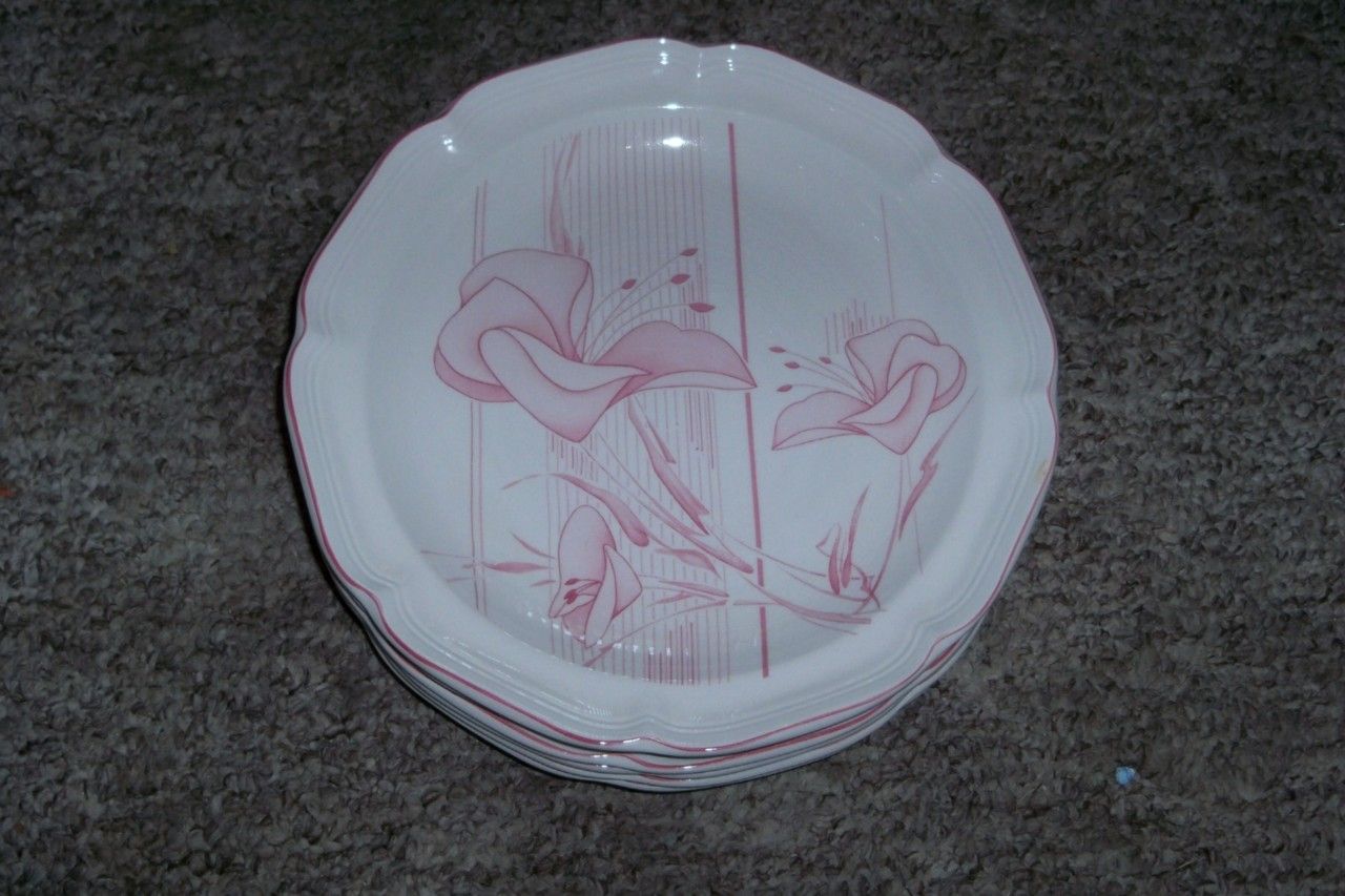 Vtg F w Woolworth Pink Lines Flowers Dinner Plates