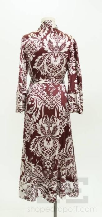 Fernando Sanchez Burgundy & White Floral Print Silk Wrap Dress Size