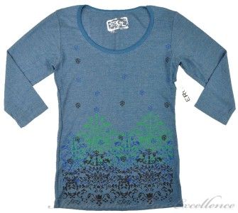 New Womens Erge Designs 3 4 Sleeve Blue Indigo Knit Shirt Top Slim Fit