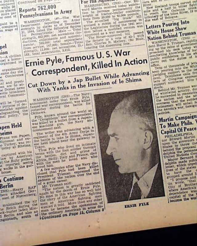 1945 World War II Newspaper Ernie Pyle American Journalist Killed