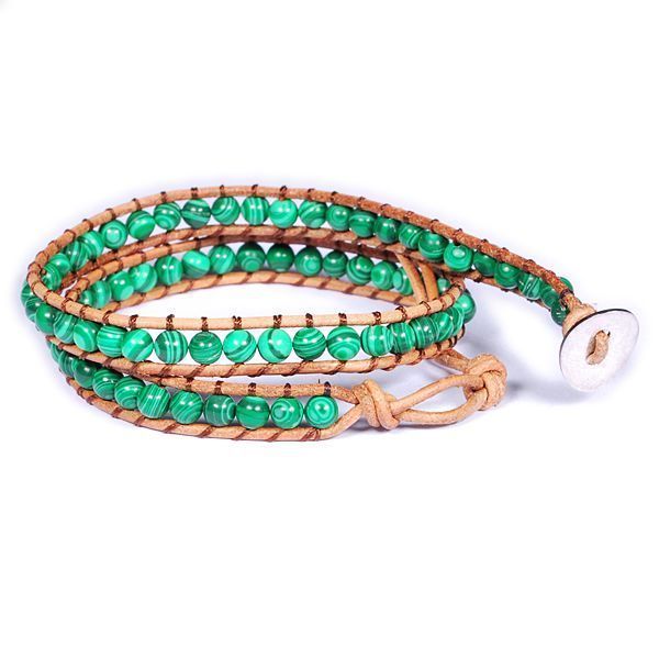 Eudora Natural Malachite Beads Wheat Leather 2 Wrap Adjustable